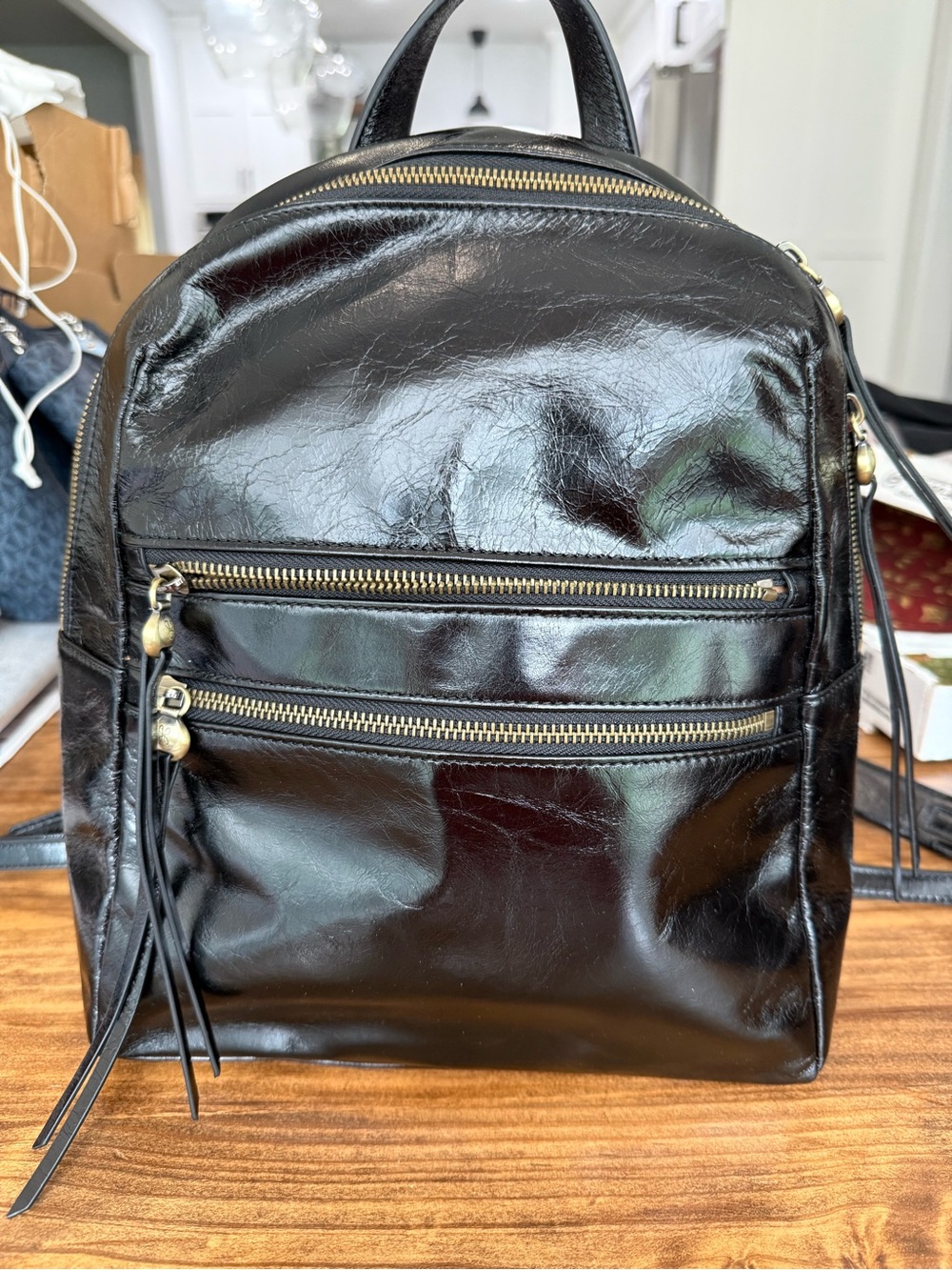 Hobo Black Shiny Leather Mini Backpack with Gold Zippers